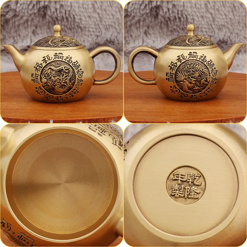 Brass Hundred Blessings Dragon and Phoenix Teapot New Chinese Style Home Tea Set Tea Ceremony