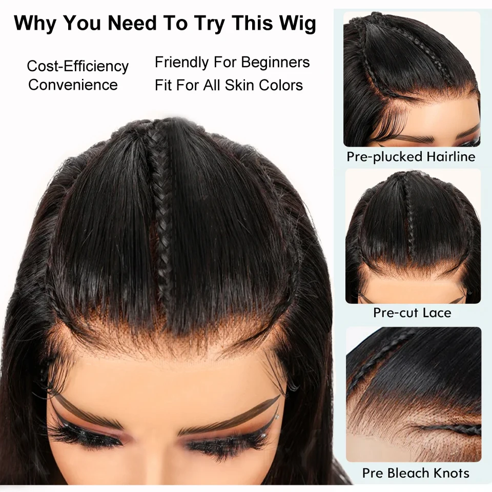 KissLove Straight Pre Braided Glueless Wig Human Hair Pull Go 13x6 Lace Frontal Wig with Elastic Drawstring 13x4 Lace Front Wigs image 3