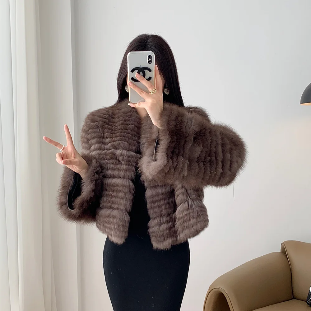 

Новая женская приталенная зимняя куртка из меха норки 2024 года в корейском стиле с полосатым узором