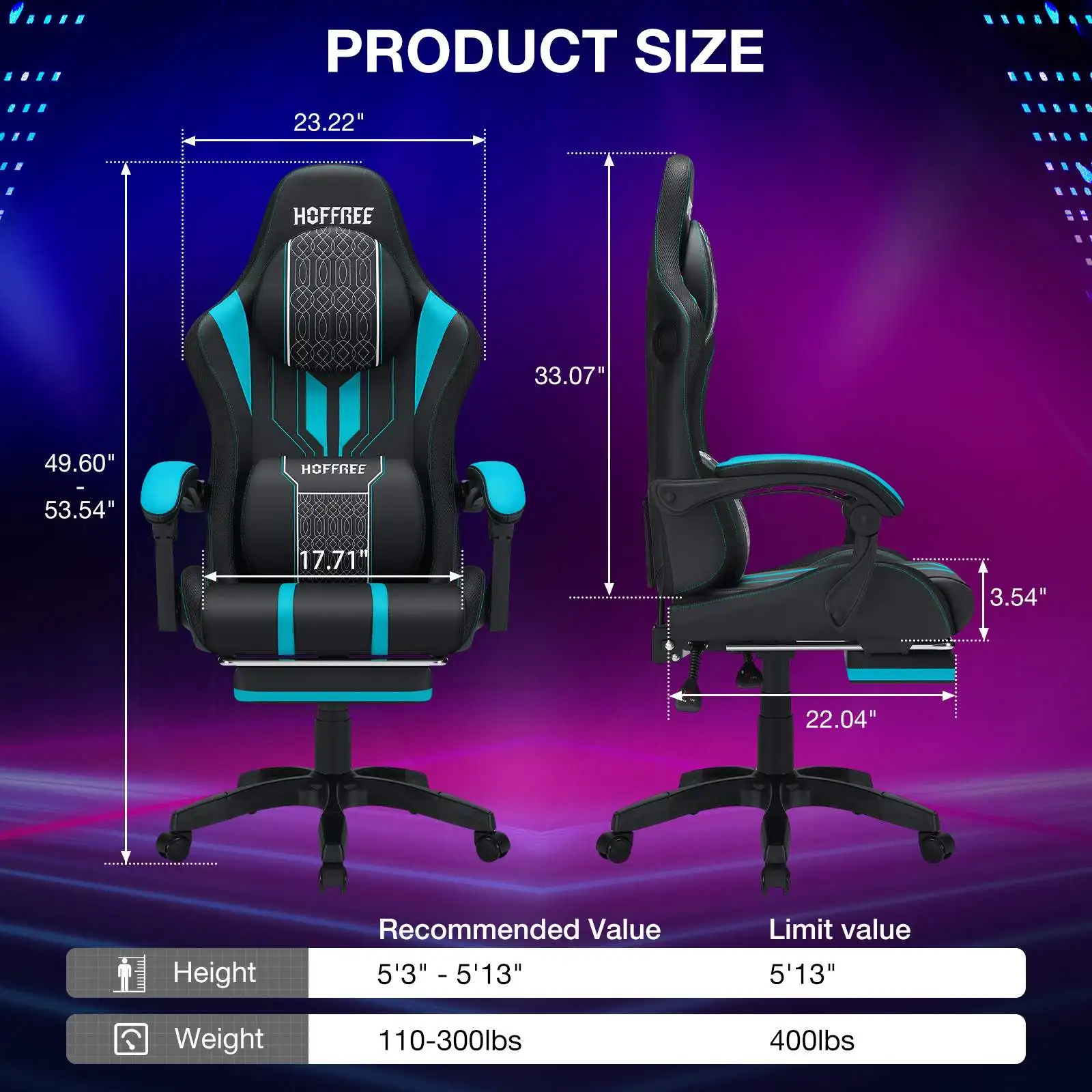 RGB Gaming Chair with LED Lights and Ergonomic Computer Chair Bluetooth Speaker Massage Adjustable Armrests