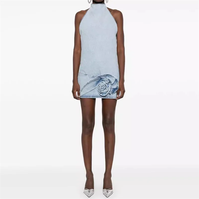 

Women's dress New retro pure cotton mini dress for summer 2025 3D flower decorated sleeveless denim short dresses party dresses