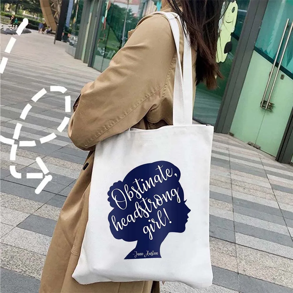 Romantic Novel Obstinate Headstrong Girl Jane Austen Quotes Antique Books Stack Bookshelf Shopper Canvas Tote Bag Cotton Handbag