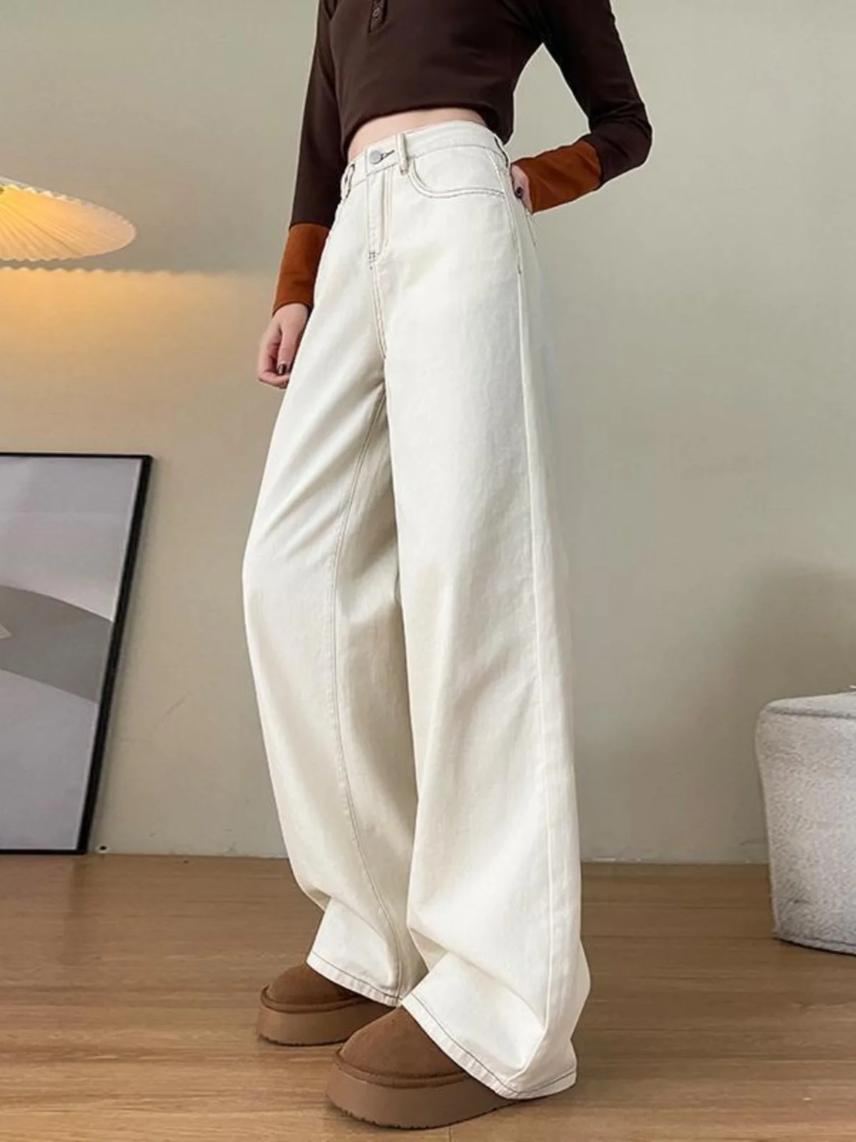 Jeans Larghi a Gamba Larga da Donna, Vita Alta, Slim Fit, Pantaloni Lunghi, Nuovi Pantaloni Casual Beige Primavera Estate