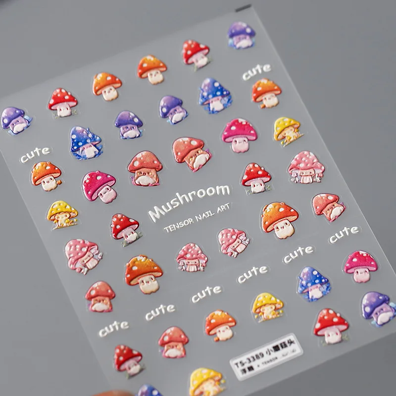 1pcs 5D Relief Nail Sticker Kawaii Mushroom Embossed Cartoon Self Adhesive Slider Press On Nails DIY Nail Art Decorations Decals