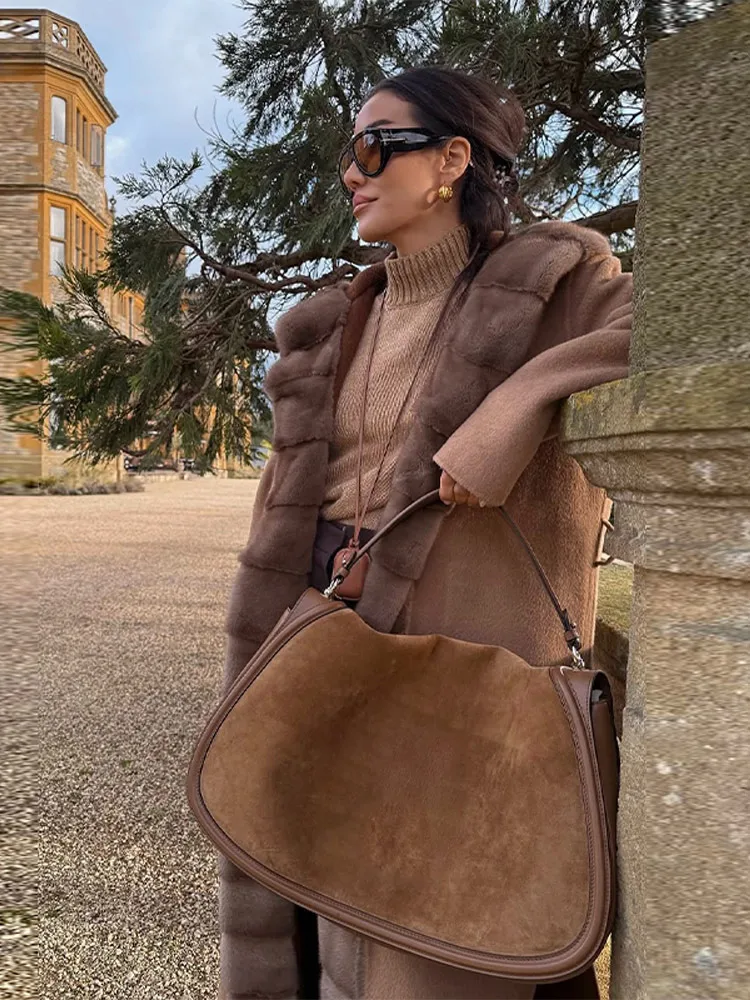 2025 New Fashion Winter Fur Collar Cashmere Wool Jackets Women Belted Over The Knee Long Fur Woolen Blends Coats