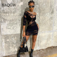 Sexy Club Party Dresses for Women Fishnet Transparent Lingere BadyDolls Chemise Three Quarter Sleeve Hollow Cut Out Mini Dress