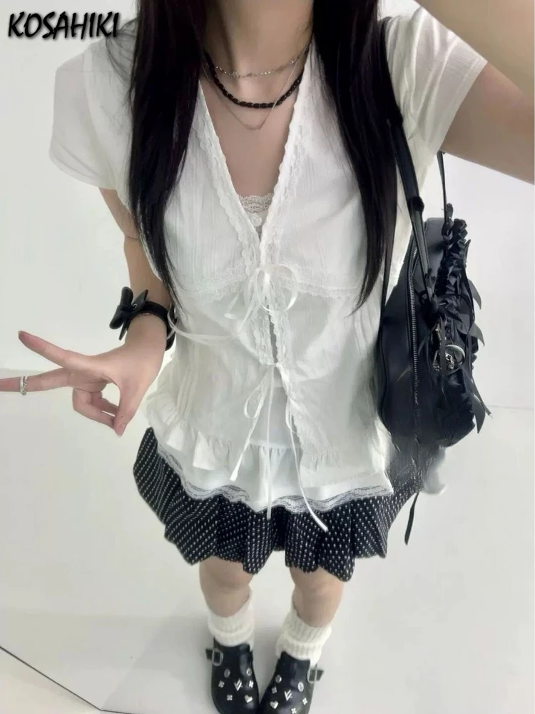 

Japanese Sweet White Lace Patchwork Women Blouse Y2k Aesthetic Bandage Bow Slim Fit Blusas 2025 Preppy Style Grunge Ruffled Tops