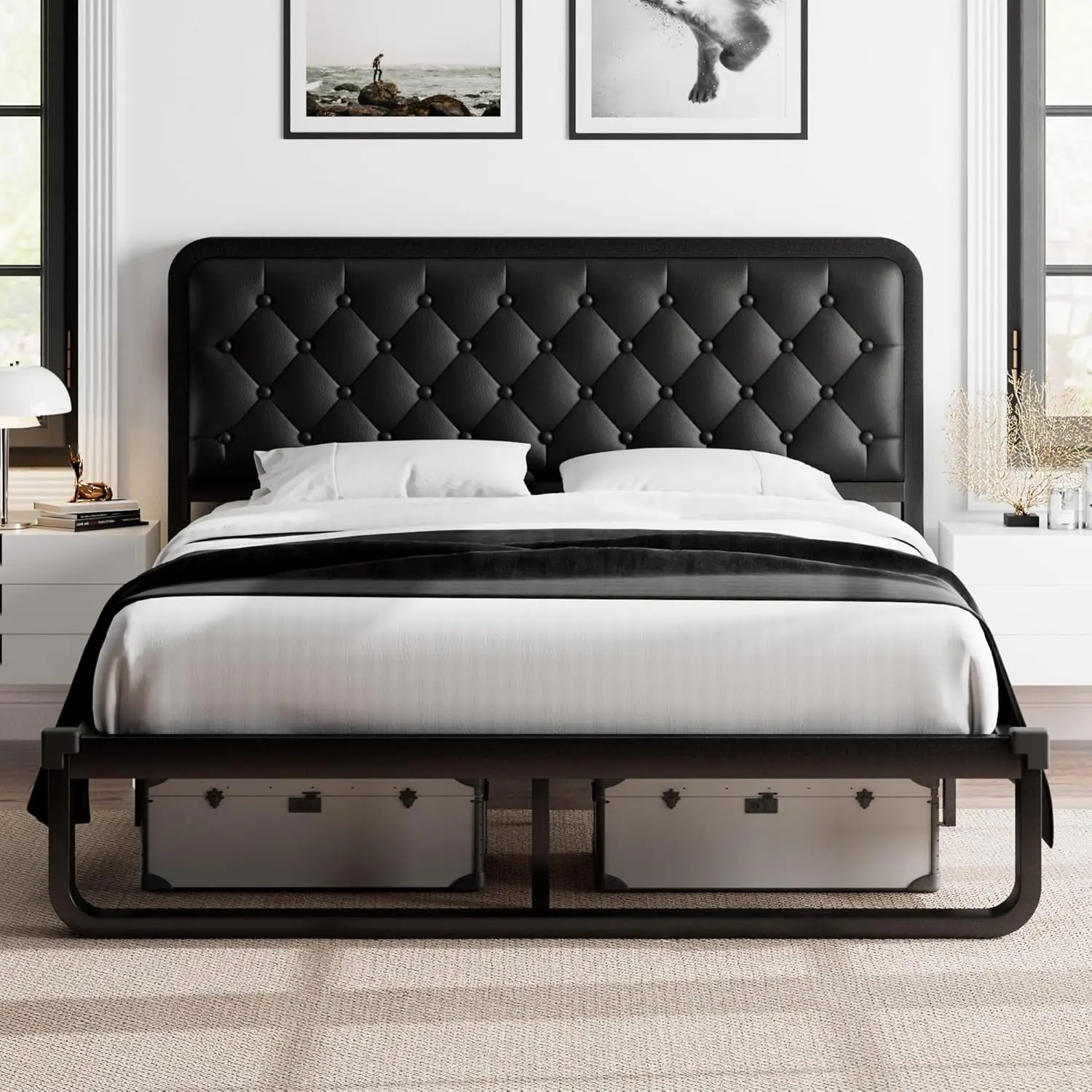 Queen Bed Frame, Upholstered Platform Bed Frame with Heavy-Duty Steel Slats, Diamond Tufted Headboard, 12