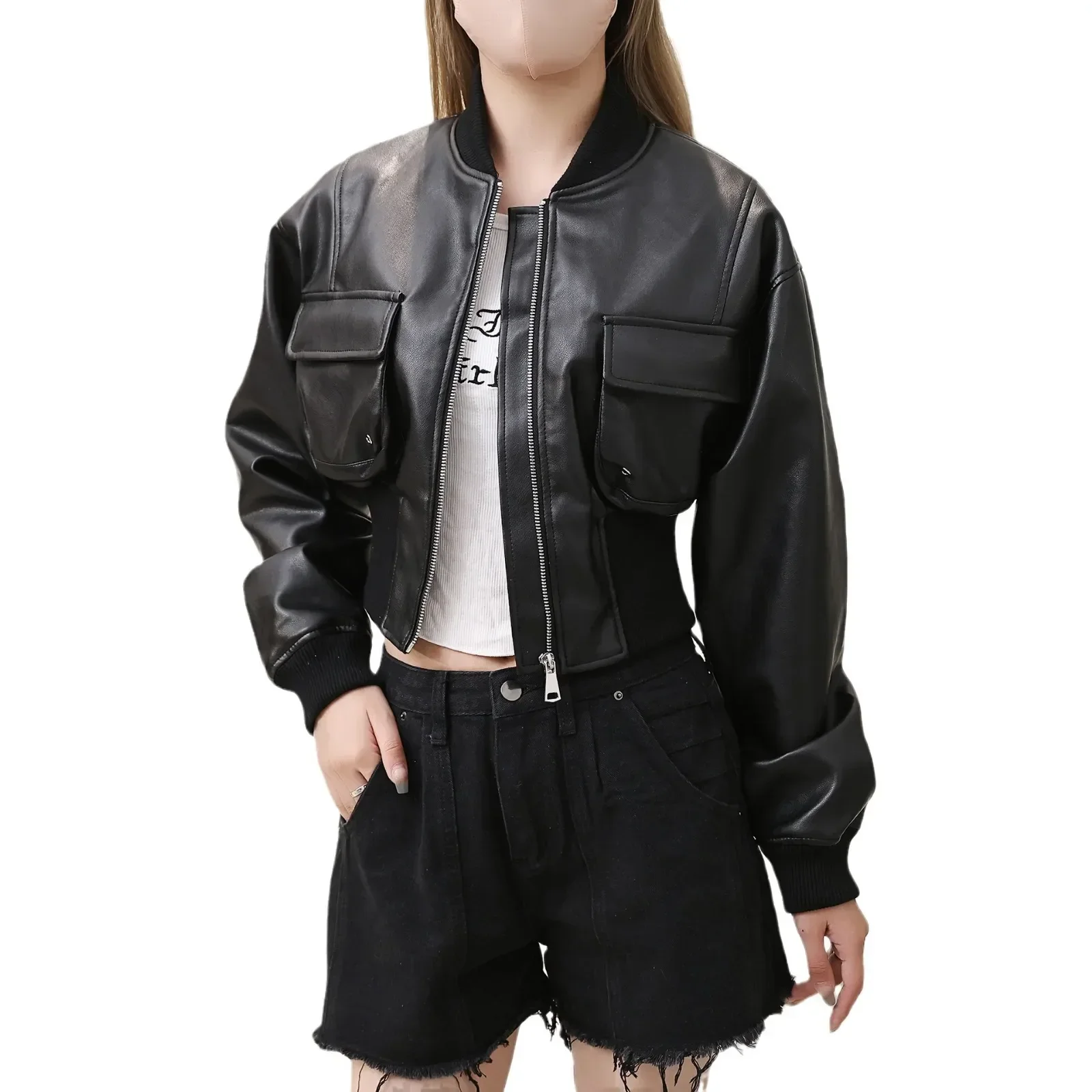 Blouson aviateur vintage en cuir PU pour femme, manteau de moto décontracté, grandes poches, vêtements d'extérieur, streetwear, coupe-vent, printemps, automne