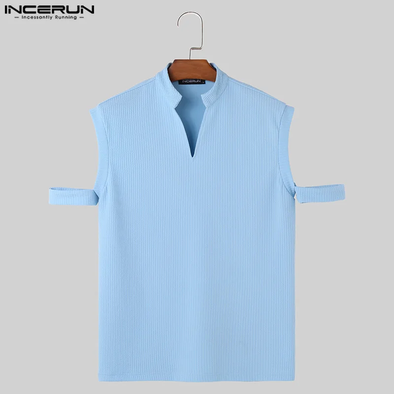 2024 Men T Shirt Solid Color V Neck Short Sleeve Hollow Out Casual Tee Tops Streetwear Summer Knitted Men Clothing S-5XL INCERUN image 4