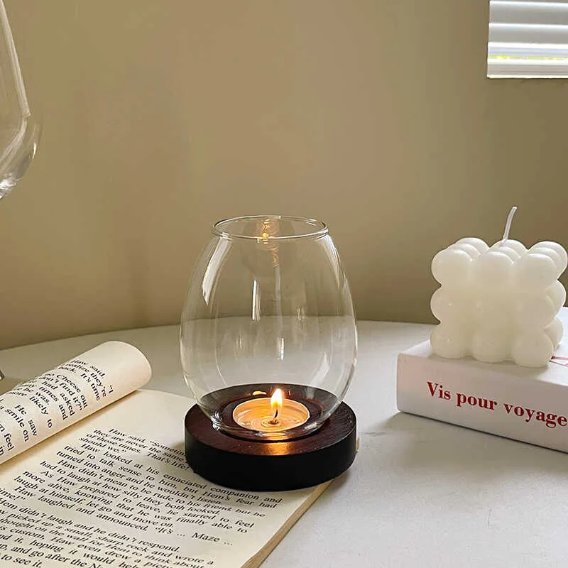 Glass Tealight Candle Holders For Special Ocassion With Glass Cover / Wooden Base Retro Votive Lanterns Modern Candle Stand