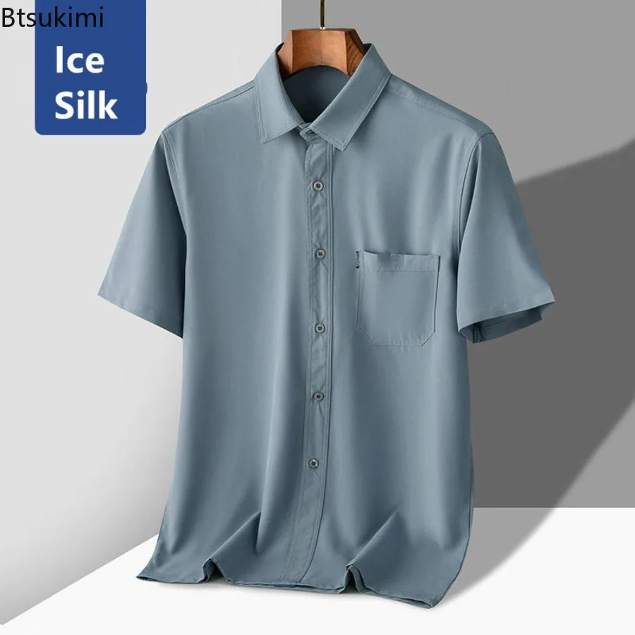 صيف جديد الرجال الصلبة قصيرة الأكمام الأعمال قمصان غير رسمية عالية الجودة الحرير الجليد تنفس التلبيب بلوزة جيب قمصان بيضاء الذكور #3