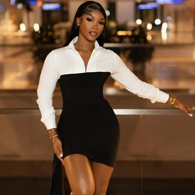 Wind Ins المرأة أبيض وأسود المرقعة المتناقضة قميص طوق حقيبة الورك غير النظامية الشريط تنورة فستان الأطفال