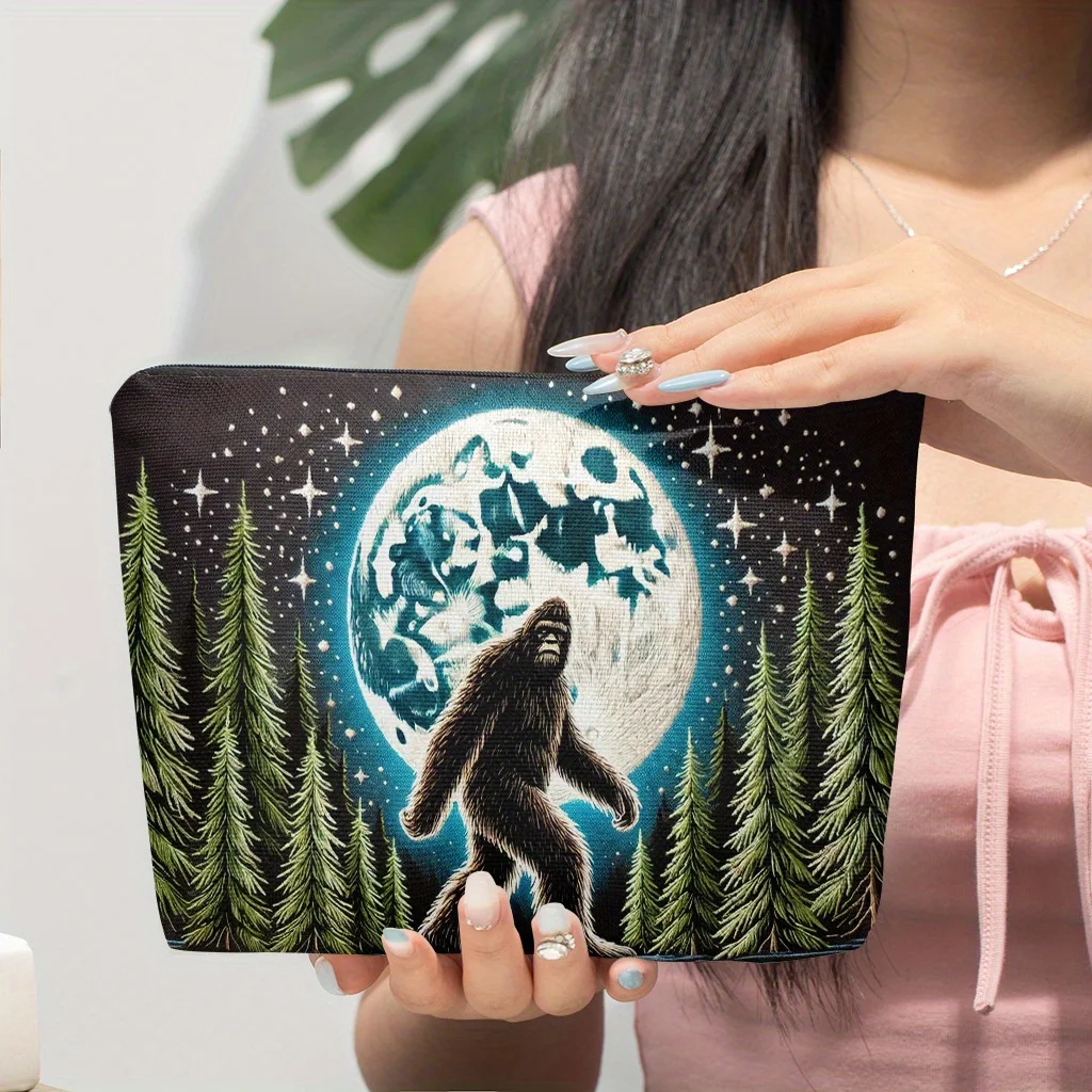 Bigfoot Print Makeup Bag Forest Full Moon Starry Sky Cosmetic Pouch Travel Zipper Storage Pouch Gift For Outdoor Lovers