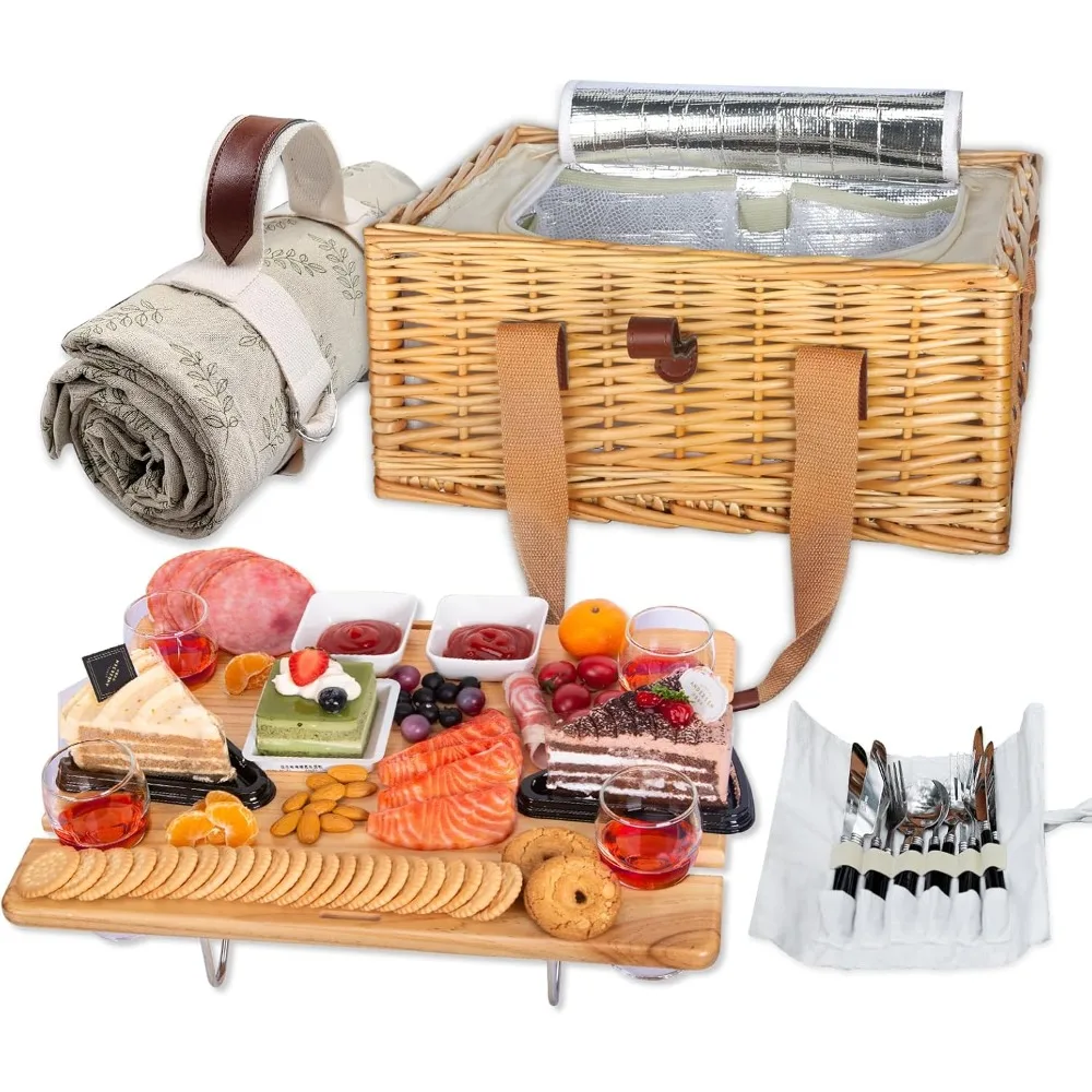 

Wicker Picnic Basket for 4 with Mini Folding Wine Picnic Table & Large Insulated Cooler Bag & Cutlery Service Kits for 4 Person