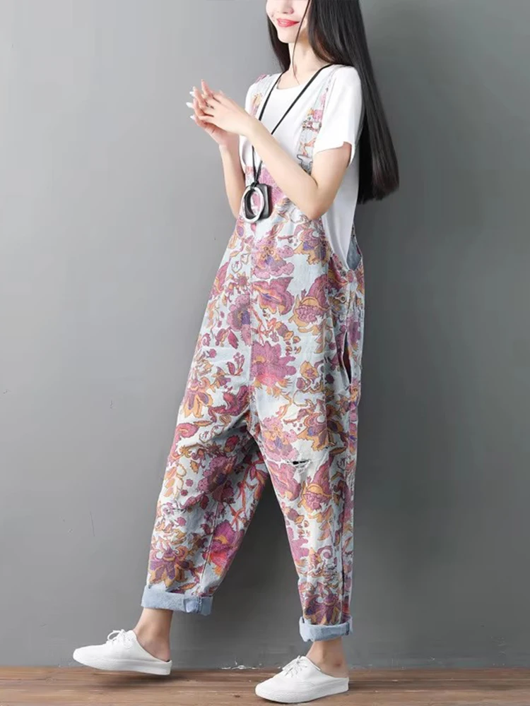 AmaxluluE Sommer Britischen Designer Weibliche Gedruckt Vintage Overalls Frauen Floral Lose Denim Pantalons Weibliche Übergroße Hosen
