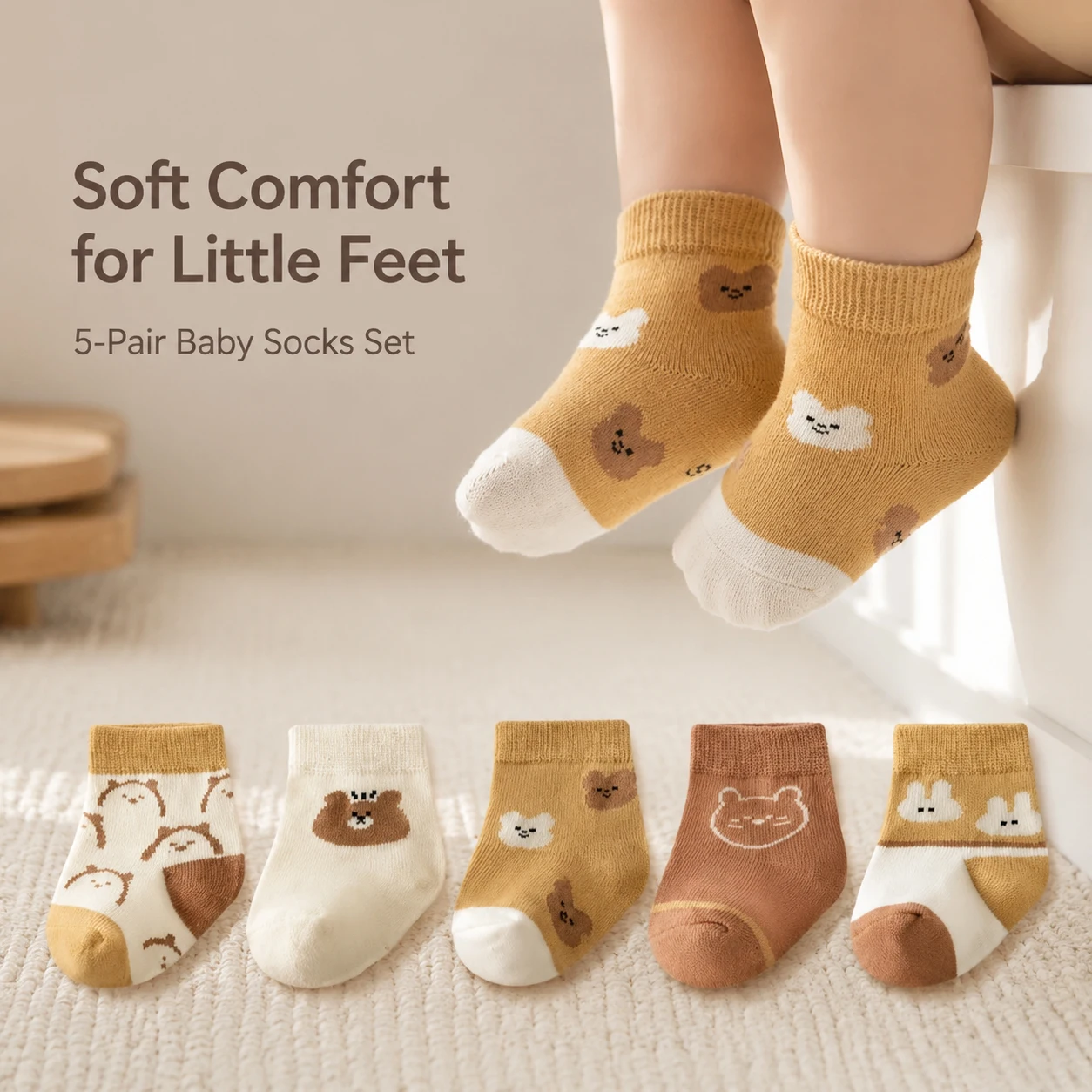 5 Pairs Baby Toddler Crew Socks Cute Animal Jacquard Soft Breathable Loose Cuff Wear‑resistant Infant Socks Home Outdoor