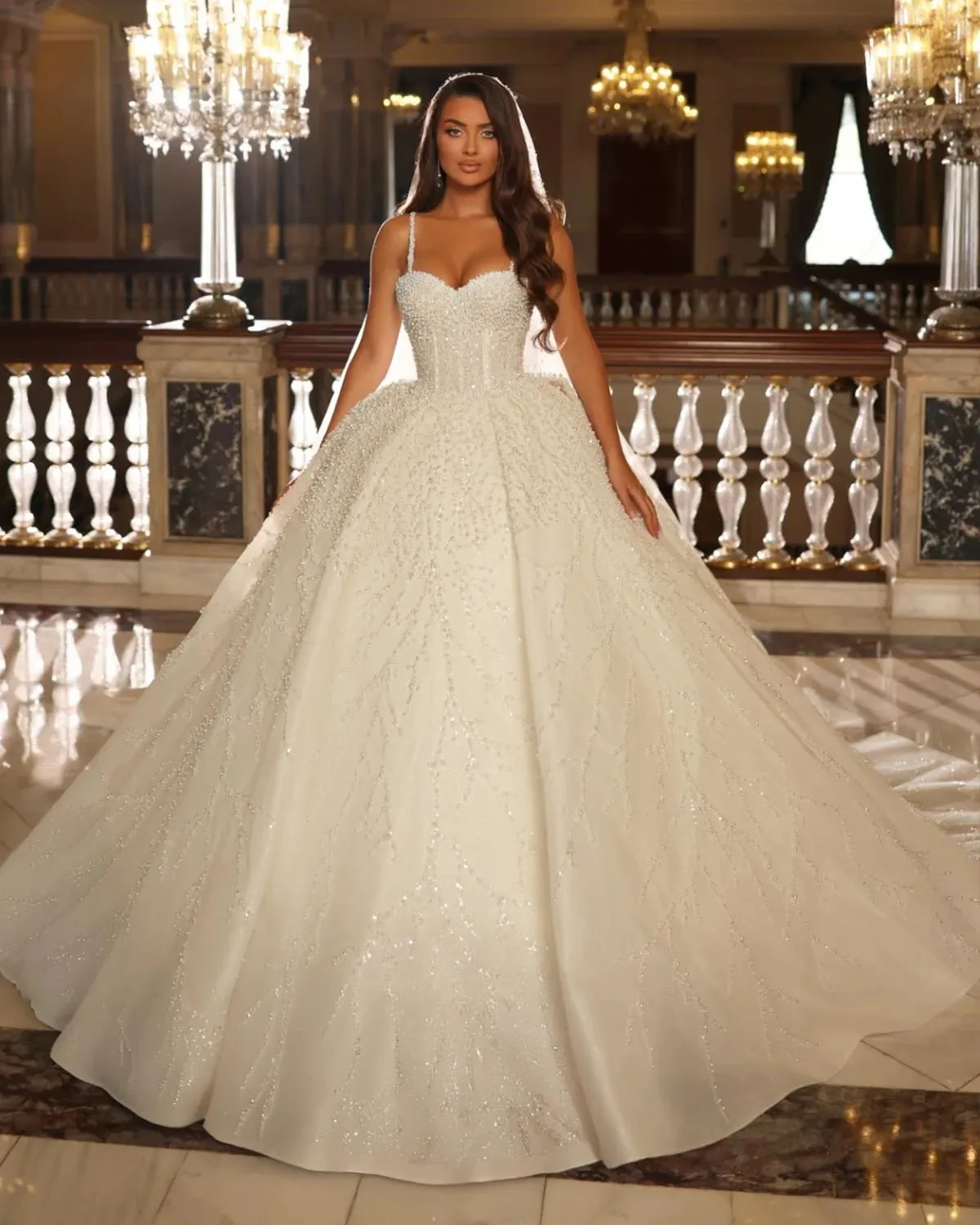 

Custom 2026 New Thin Shoulder Straps Sweetheart Neck Lace Up Back Shiny Beads Pearls Sequins Gorgeous Ball Gown Wedding Dresses