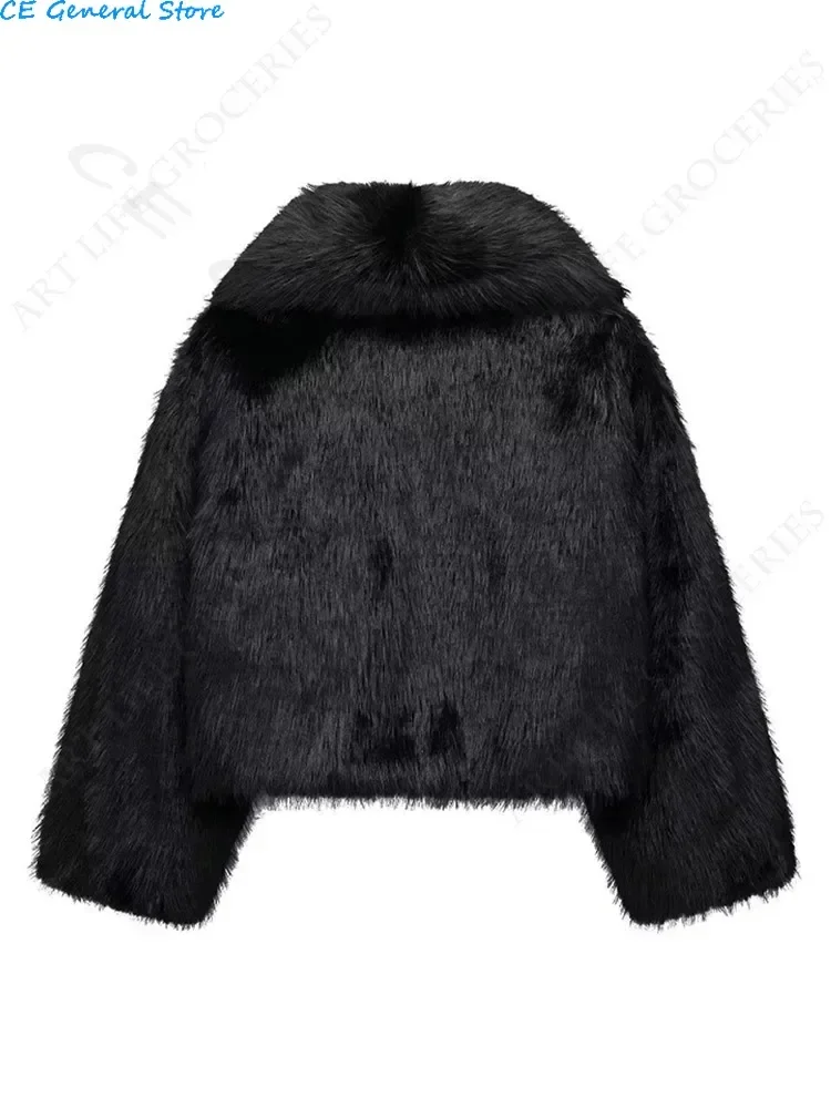 Black Fluffy Faux Fur Jackets Women Loose Furry Turn Down Collar Long Sleeve Coats Female Winter Vintage Warm Lady Overcoat