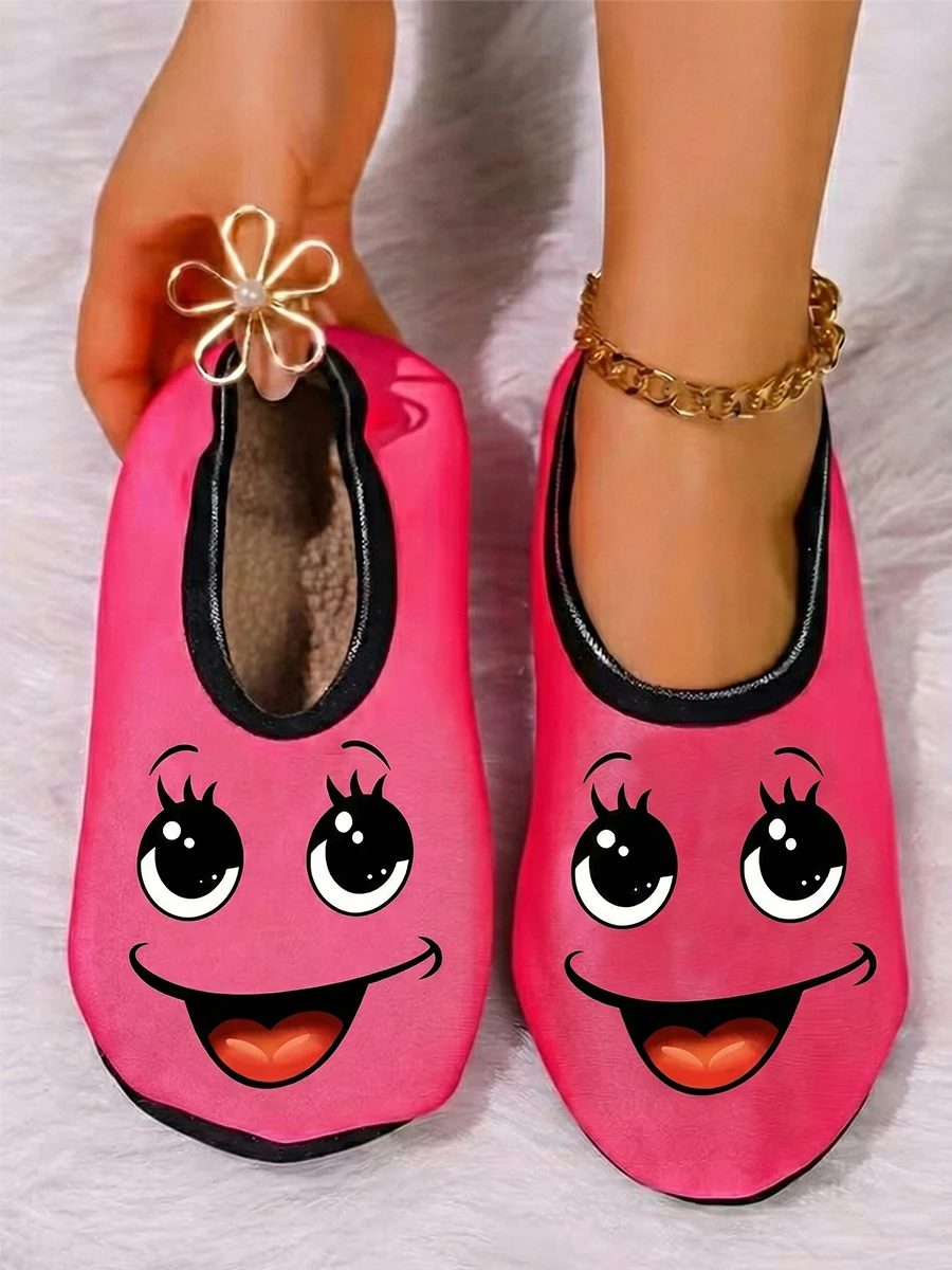 

Four season wearable women's cute expression printed suede breathable high elasticity indoor anti slip floor slippers