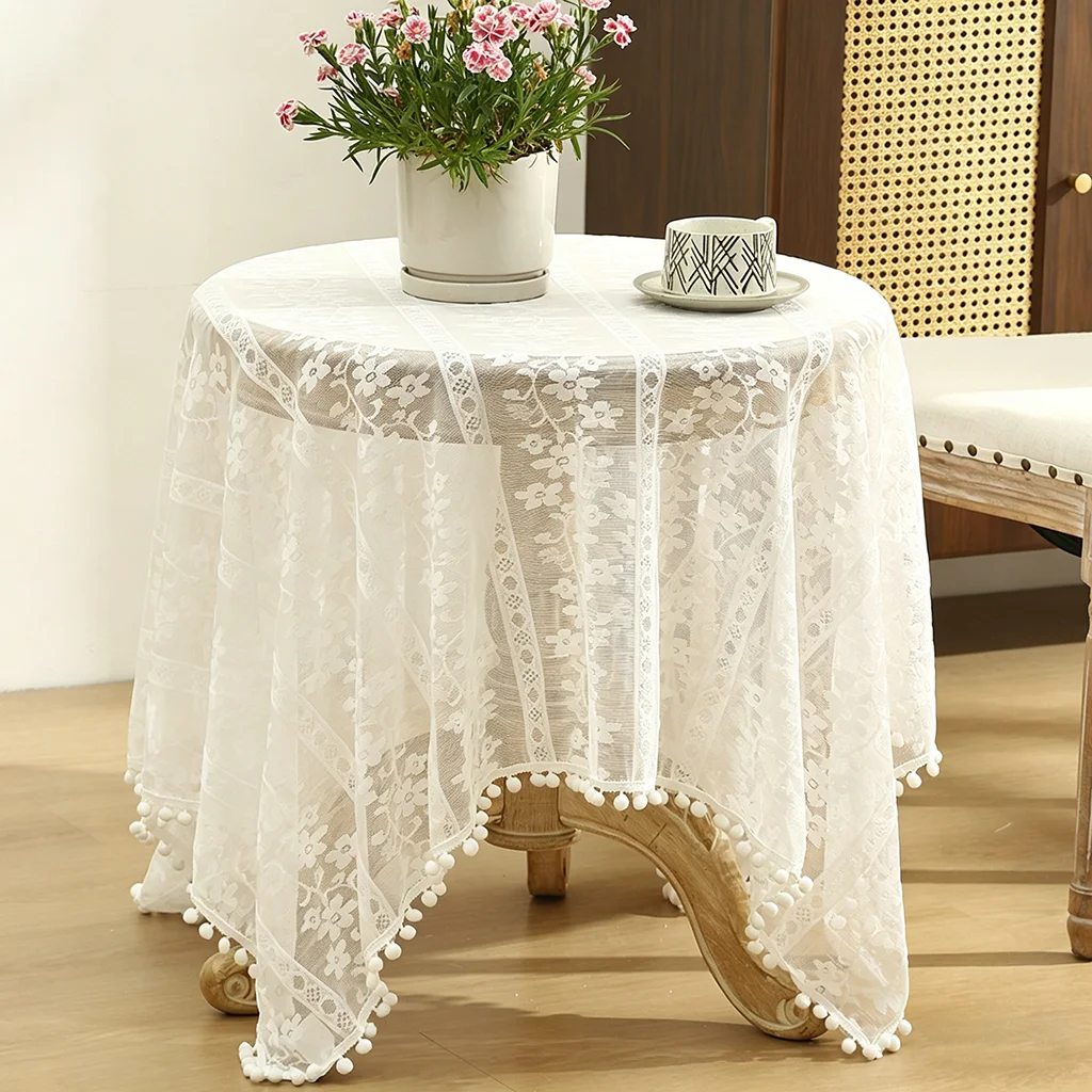 White Floral Lace Tablecloth with Pom Pom Trim, Romantic Vintage Sheer Table Cover for Dining & Coffee Tables