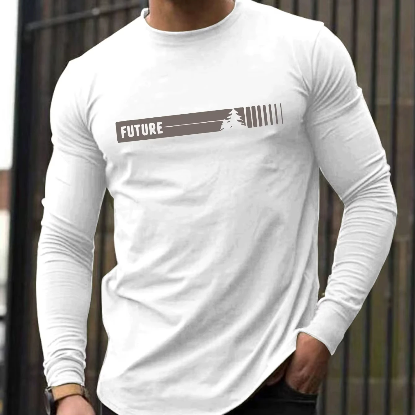 Future Letter Pattern Printed Men's T-shirts Spring and Summer Casual Sports Fashionable Round Neck Long Sleeved Pullover Tops
