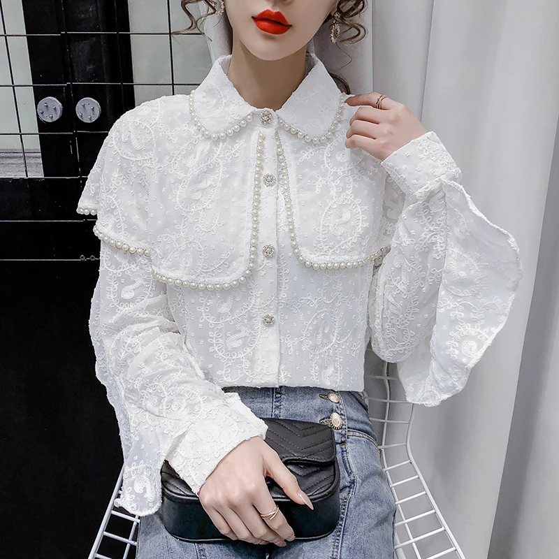 Autumn Fashion Women Chiffon Blouses Long Sleeve Beading Women Tops Casual lace Office Lady Women Clothing