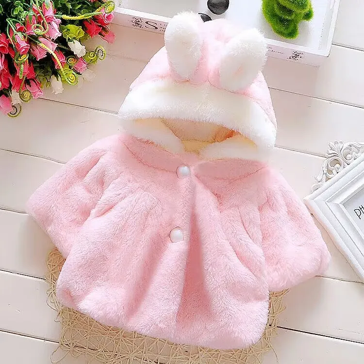 Baby Girl Cute Rabbit Sweet Style Hooded Cloak Winter Plush Ball Jacket Warm Outerwear Infant Coat For Daily Outdoor Casual Wear