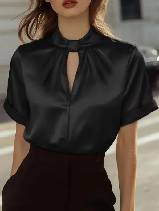 

2026 Summer New French Fashion Elegant Solid Color Silk Round Neck Hollow Design Slim Fit Women's Office Short Sleeved Shirt