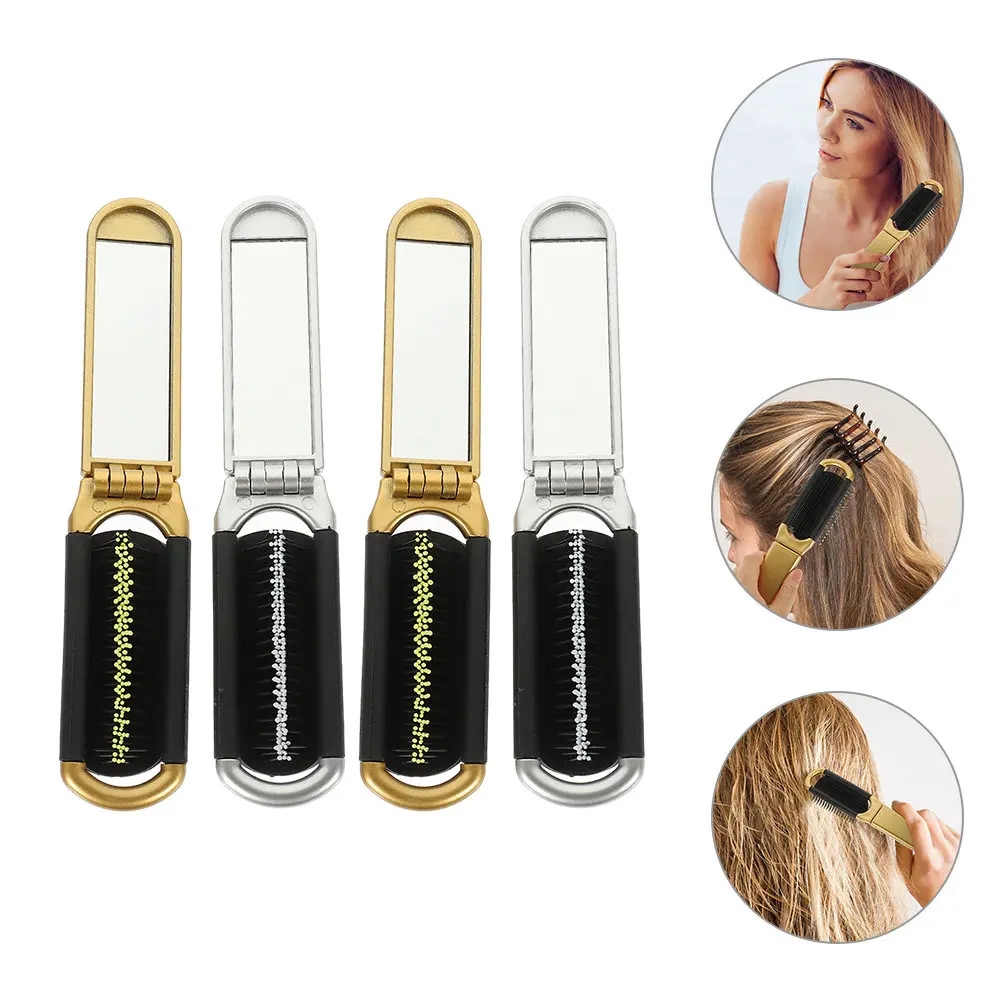 

Набор из 4 складных зеркальных расчесок для волос: портативные мини-расчески для путешествий, распутывания волос, массажа, карманный размер, легкие, прочные, пластиковые