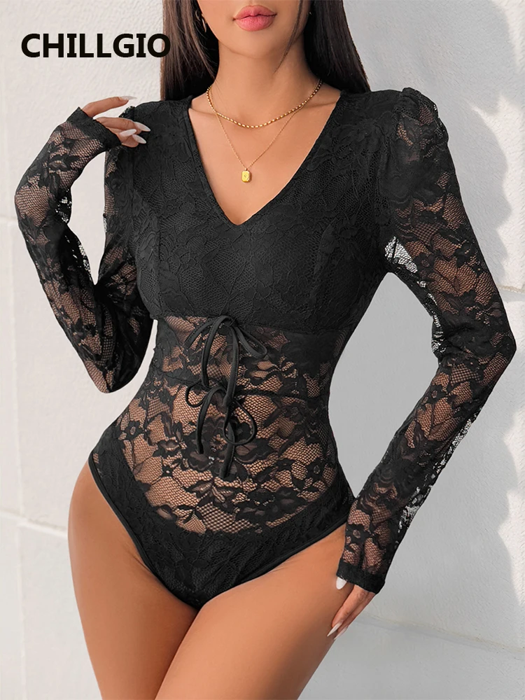 

CHILLGIO Women Floral Lace Bow Long Sleeves Rompers Lingerie Sexy V Neck Bodycon Onesie Slim Ins One Piece Combination Bodysuits