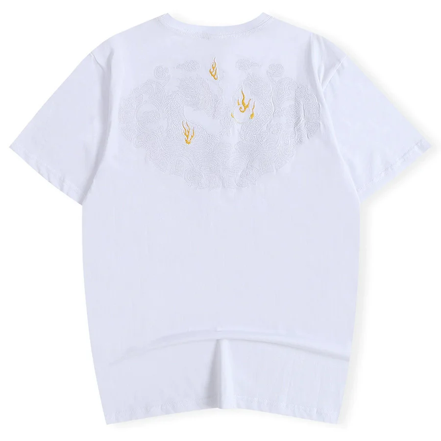 Camiseta de Hombre con Bordado de Dragón, Manga Corta, 100% Algodón, Estilo Nacional, Casual, Moderno, de Verano