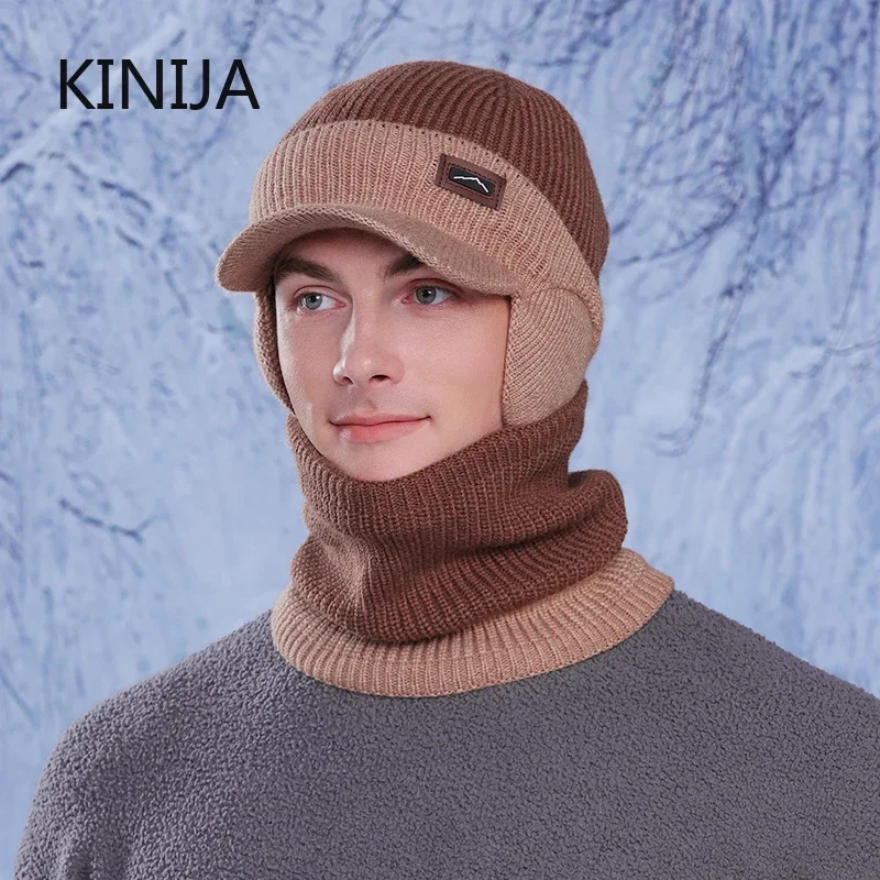 2pc Winter Hat Men Scarf Windproof Knitted Hat Warm Ear Protection for Outdoor Skiing Cycling Sunhat Bomber Skullies Beanies