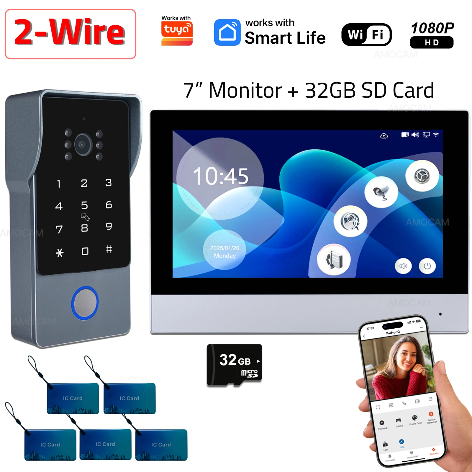 Système d'interphone vidéo intelligent Wi-Fi 1080P à 2 fils pour maison connectée, compatible Tuya, avec moniteur tactile 7'' et sonnette vidéo/caméra de porte