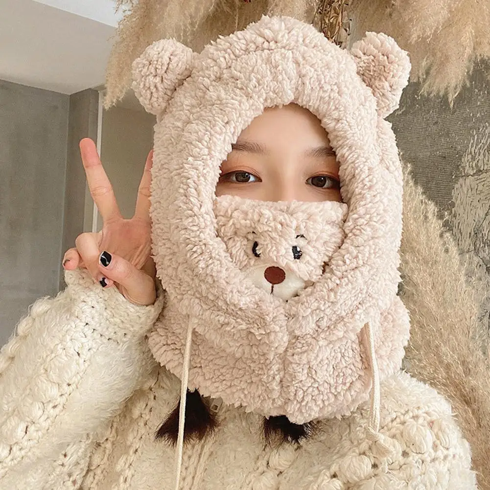 Cute Little Bear Scarf Hat Warm One Piece Hat Female Winter Student Lamb Hair Korean Version Hooded Mask Plush Hat