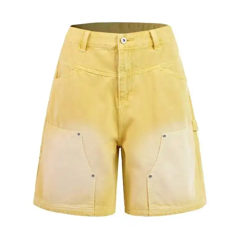Men's Denim Cargo Shorts Yellow White Gradient Multi Pocket Summer New American Retro Distressed Knee Lenth Pants 9XCNVT