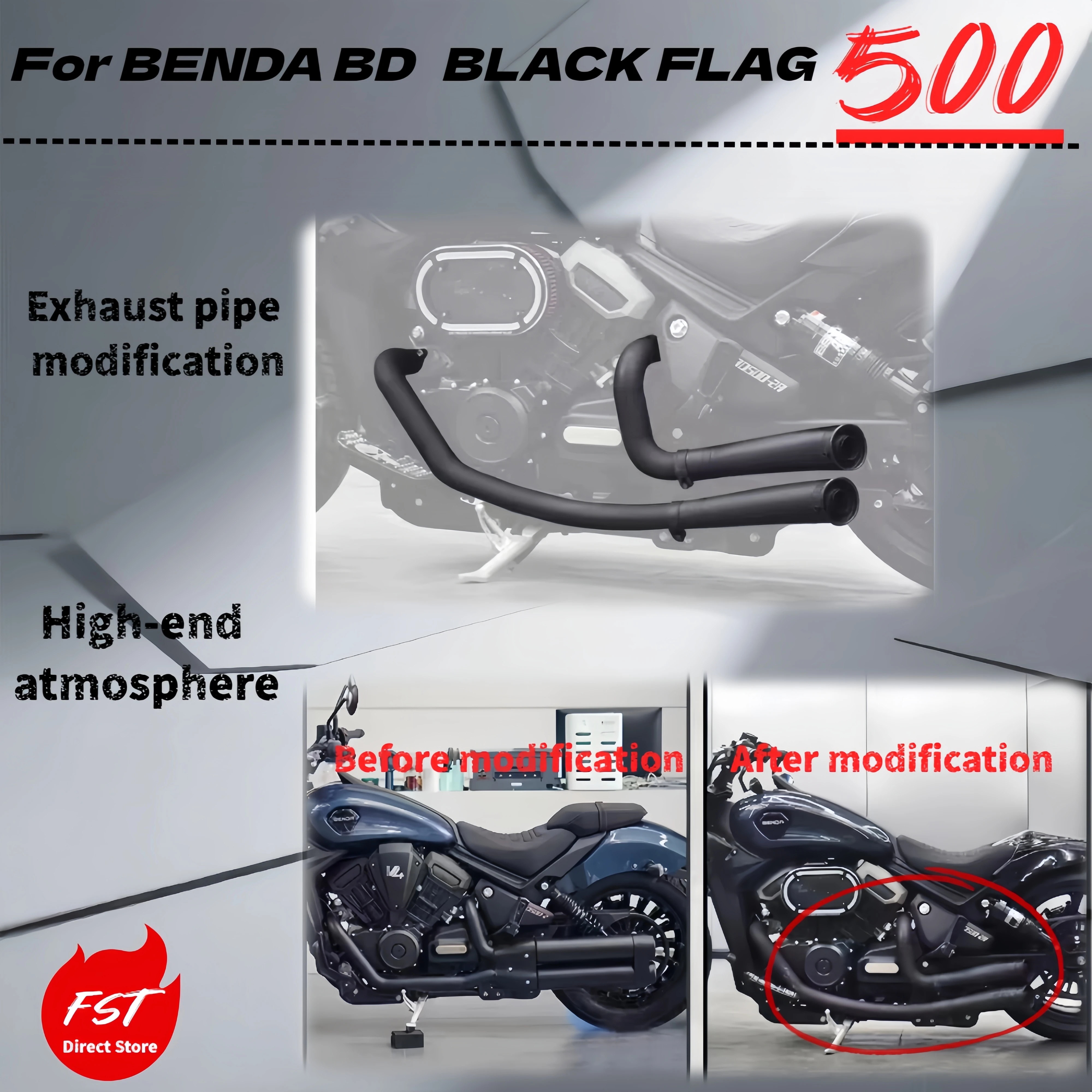 

For Benda BD Black Flag 500 double-sided dual-outlet modified exhaust pipe, full stainless steel, deep and deep sound