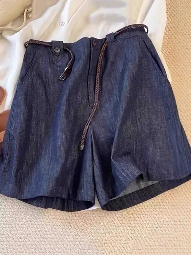 

Vintage High Waist Solid Color Women's Shorts Summer All Match Straightleg Jeans Daily Commuting Strap Design Loose Pants