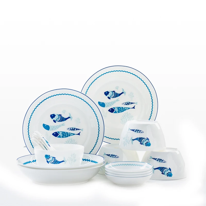 

16pcs Set, Fine Bone China Dinner Plate Sets, Fish Design, Porcelain Sets Bowl Ceramic Servies Table Service,