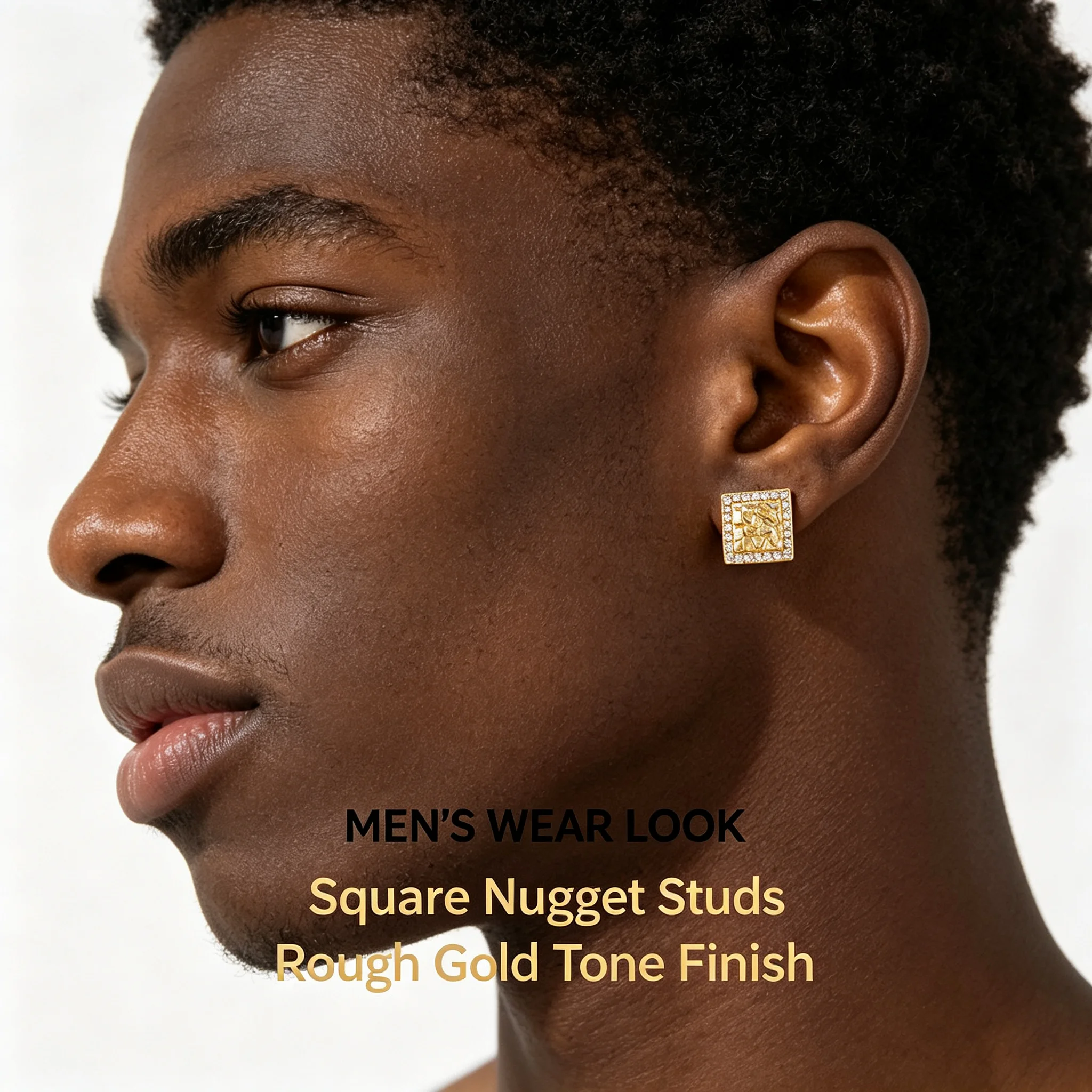 Small Size 9mm Square Hip Hop Men's Earrings Cz Cubic Nugget Studs Rough Textured Rap Rock Dancer Women Punk Design 14k Gold