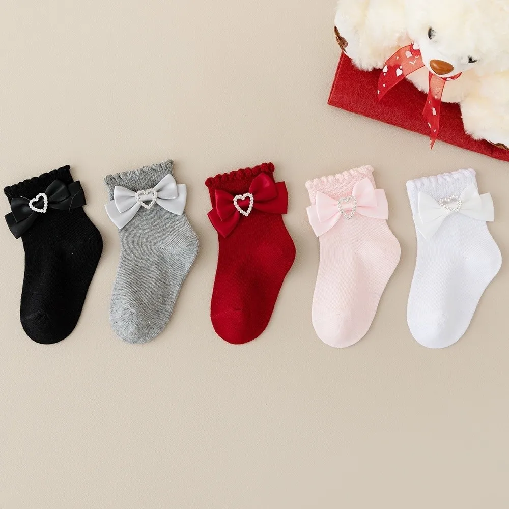 1 Pair Bow Decorated Baby Girls Ankle Socks Soft Cotton Breathable Toddler Ankle Socks Ruffle Design Mid Calf Socks