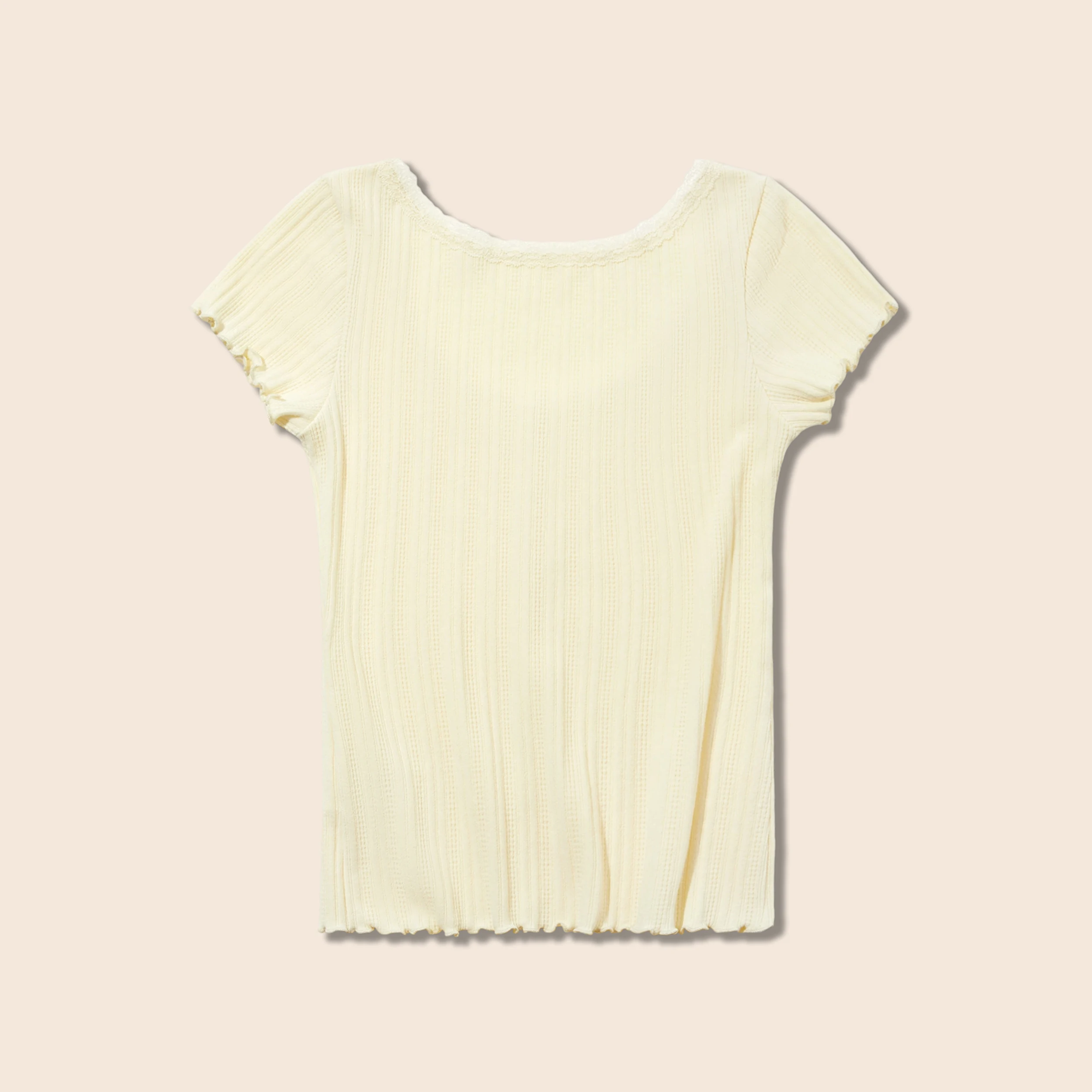 YESCCI U Neck Women's Short Sleeve T-shirt Sweet Lace Trim Button Detail Ruffle Hem Stretch Knit Tee Casual Summer Top S56111608