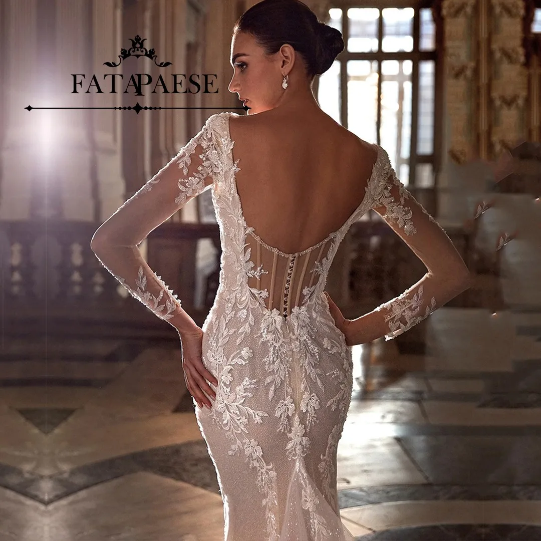 FATAPAESE Customized Wedding Dress Lace Appliques Beading Bodice with Paddings Long Sleeve Backless Chapel Train Bridal Gowns