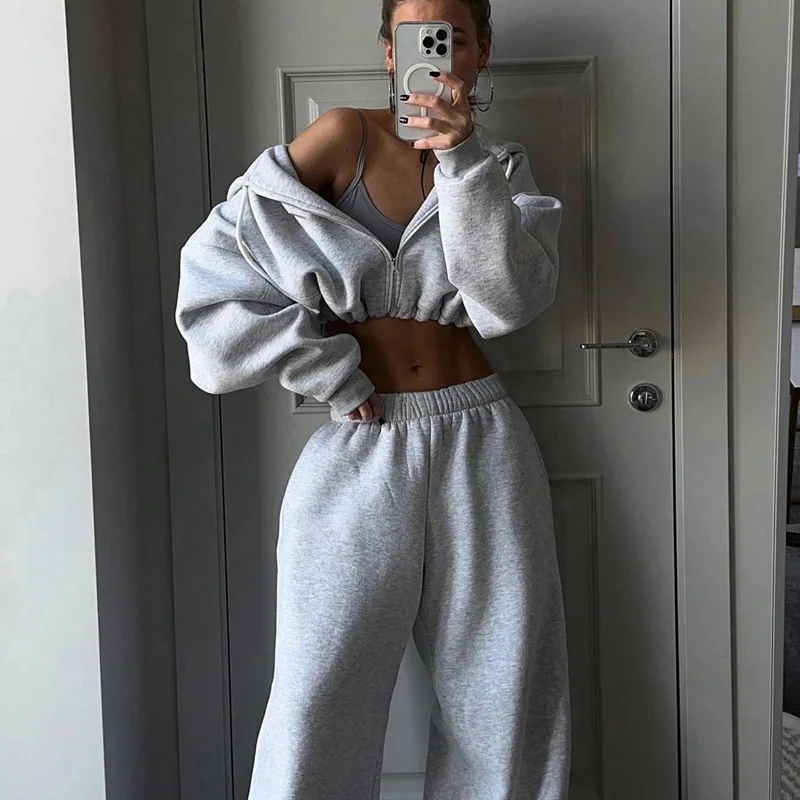 Women's Autumn Winter Zipper Long Sleeve Hoodies Sweatshirt And Pants Two-Piece Set