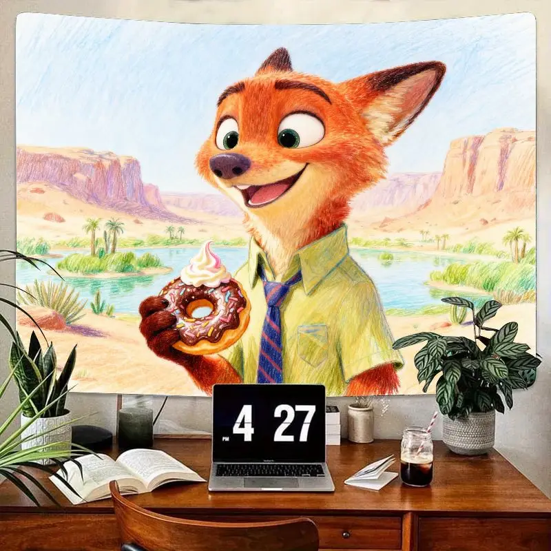 

1PC Zootopia Nick Wilde Holding Donut Tapestry Kawaii Desert Wall Art Modern Polyester Room Decor Bedroom Living Room Gift