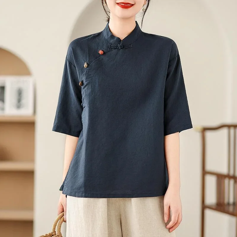 Shirt with Diagonal Placket and Stand-up Collar Tea Top New Women's Retro Cotton Linen Short-sleeved
