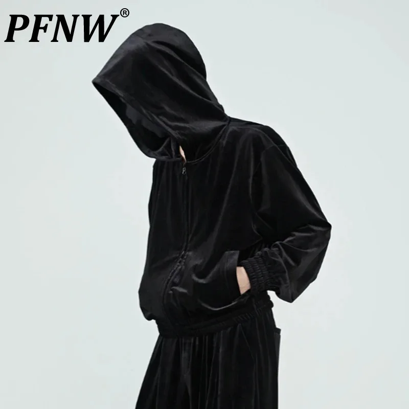 

PFNW Darkwear Men's Textured High Quality Velvet Hoodies Casual Loose Fit Cardigan Sweatshirt Zipper Long Sleeve Tops New 12C172