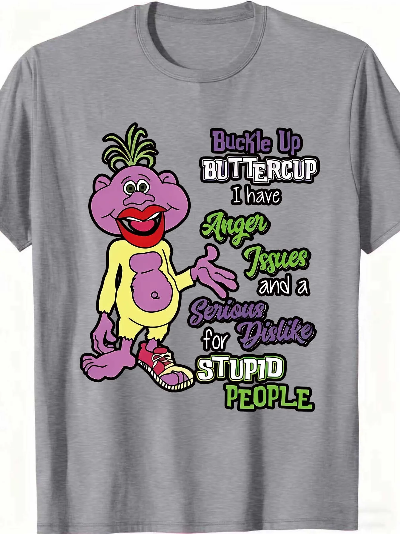 Buckle Up Buttercup Women's Tee, Funny Cartoon Graphic Grey Top