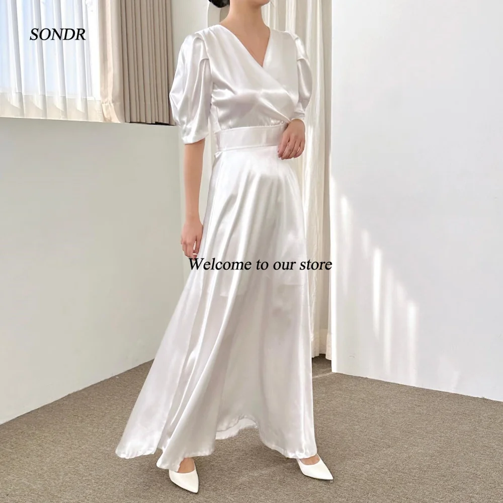 SONDR V-Neck Half Sleeves A-Line Bride Dresses Custom Made Ankle Length Satin Wedding Dress Robe De Mariée Evening Gown Bridal