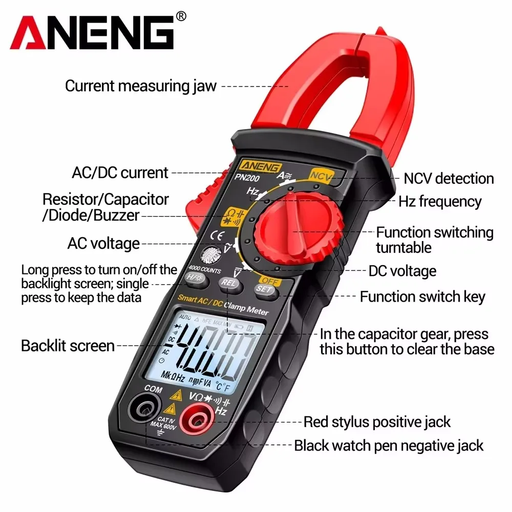 PN200 Digital Clamp Meter DC/AC 600A Current 4000 Counts Multimeter Ammeter Voltage Tester Car Hz Capacitance NCV Ohm Test